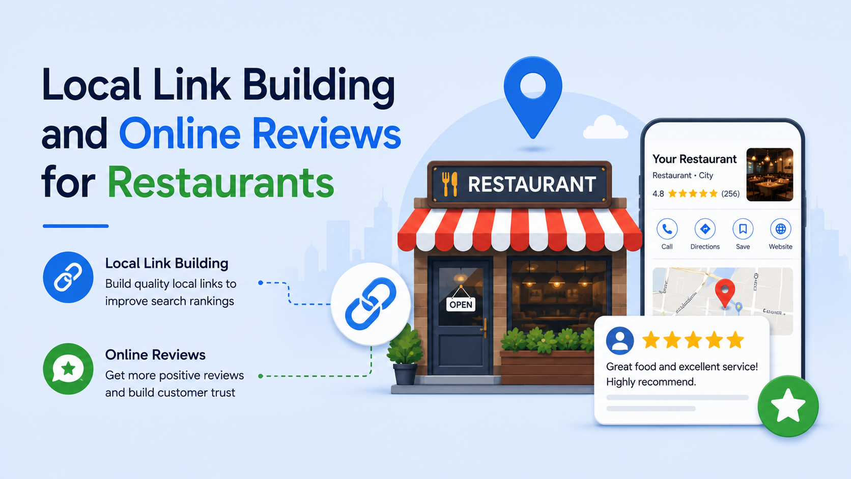 Local link building and online reviews for restaurants to improve local SEO, Google rankings, and customer trust.