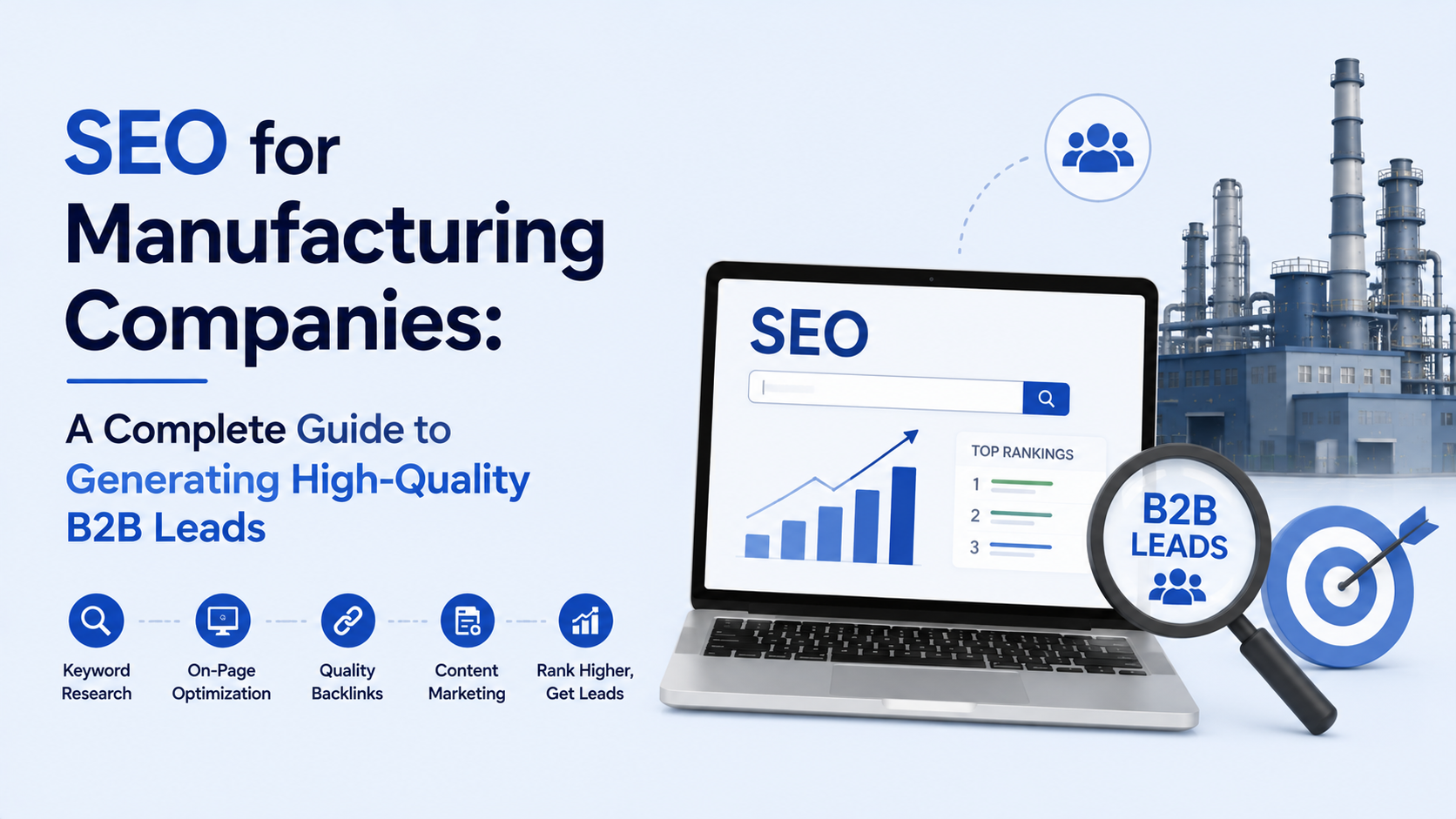 SEO for manufacturing companies to generate high-quality B2B leads through keyword research, on-page SEO, technical SEO, and content marketing