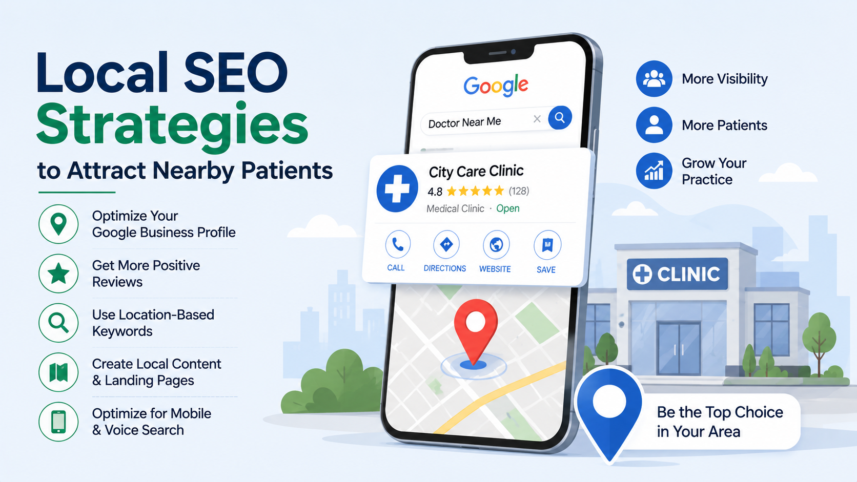 Local SEO strategies for doctors and clinics to attract nearby patients, improve Google Maps rankings, and increase appointment bookings.