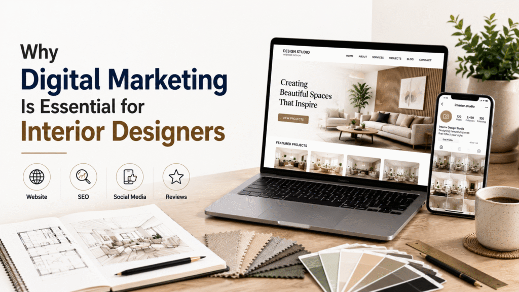 Modern interior designer workspace featuring a laptop with a portfolio website, smartphone with social media portfolio, and digital marketing elements.