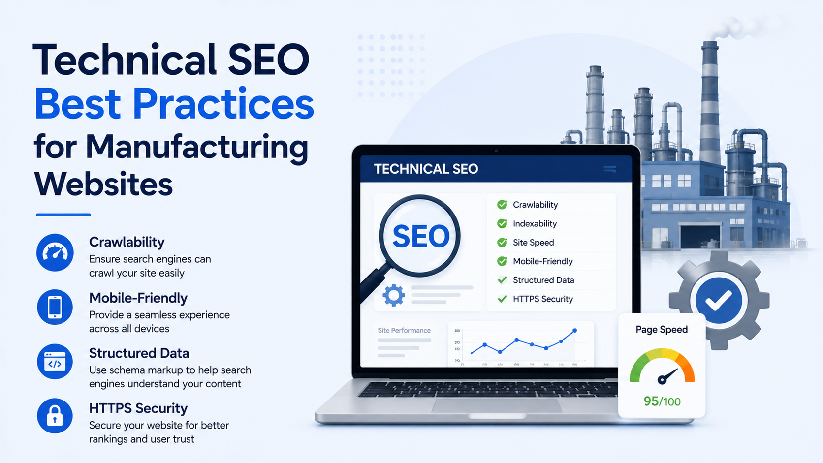 Technical SEO best practices for manufacturing websites including site speed, mobile optimization, structured data, and HTTPS security.