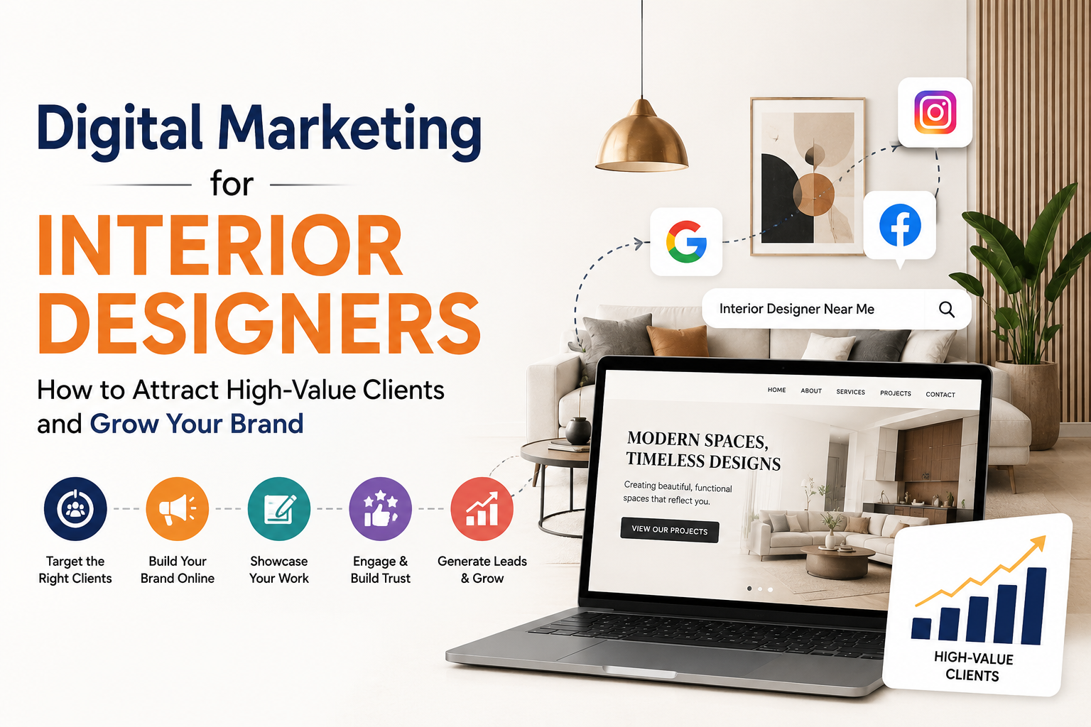 Digital marketing for interior designers to attract high-value clients using SEO, social media marketing, portfolio optimization, and online branding.
