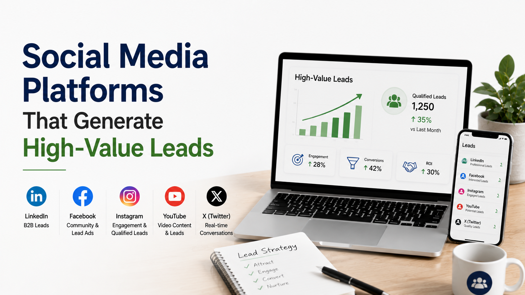 Laptop displaying a lead generation dashboard with social media platforms and analytics for generating high-value business leads.