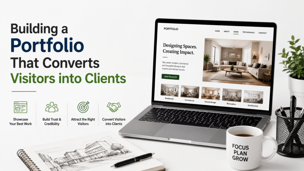 Laptop displaying a professional portfolio website with project showcases, designed to convert website visitors into paying clients.