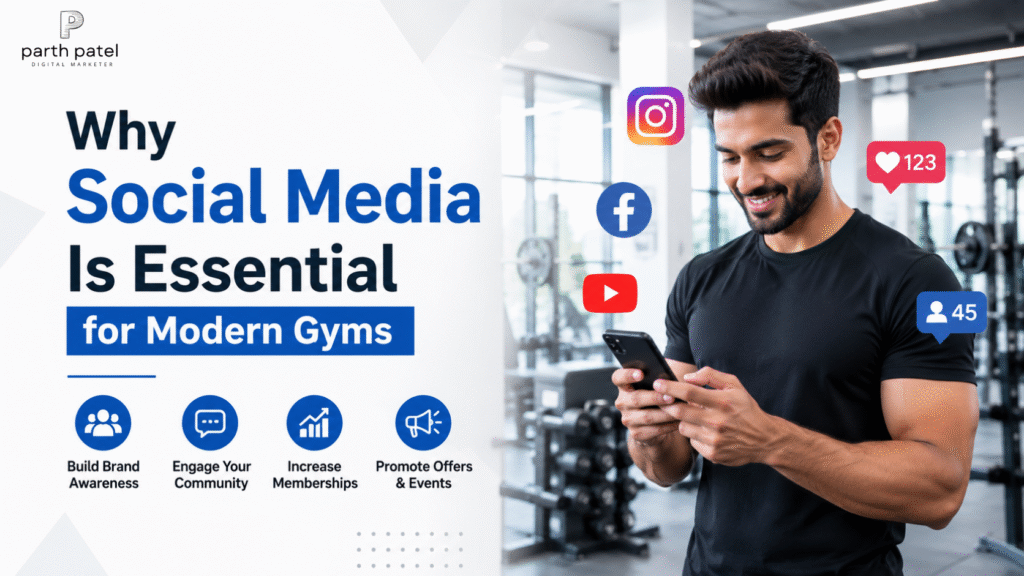 Gym owner using social media on a smartphone to attract members and increase engagement.