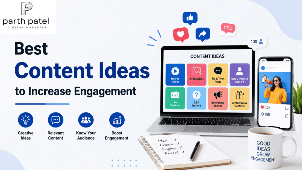 Content marketing workspace with a laptop, smartphone, and social media engagement icons illustrating content ideas to increase audience engagement.