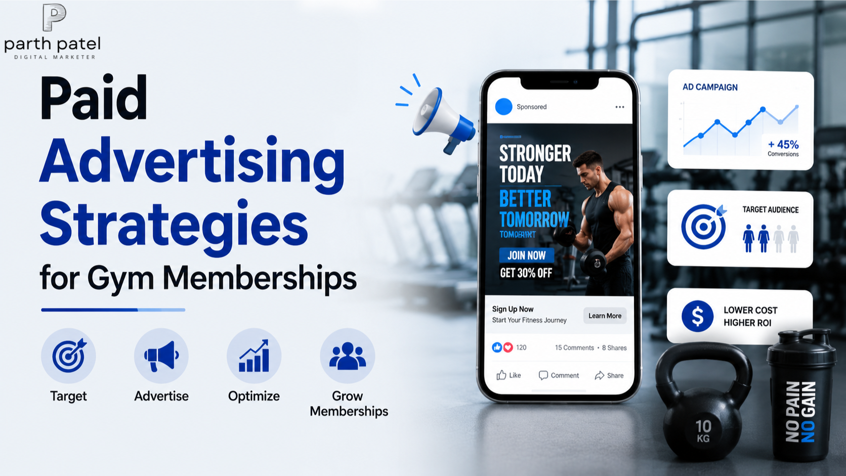 Smartphone displaying a gym advertisement with digital marketing icons representing paid advertising strategies to increase gym memberships
