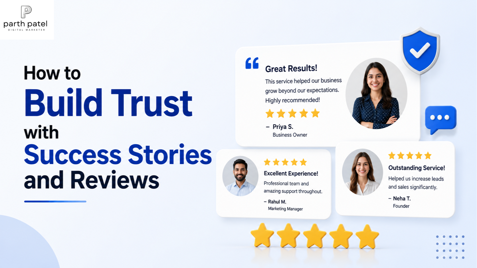 Customer success stories and five-star reviews displayed on testimonial cards to build trust and credibility for a business.