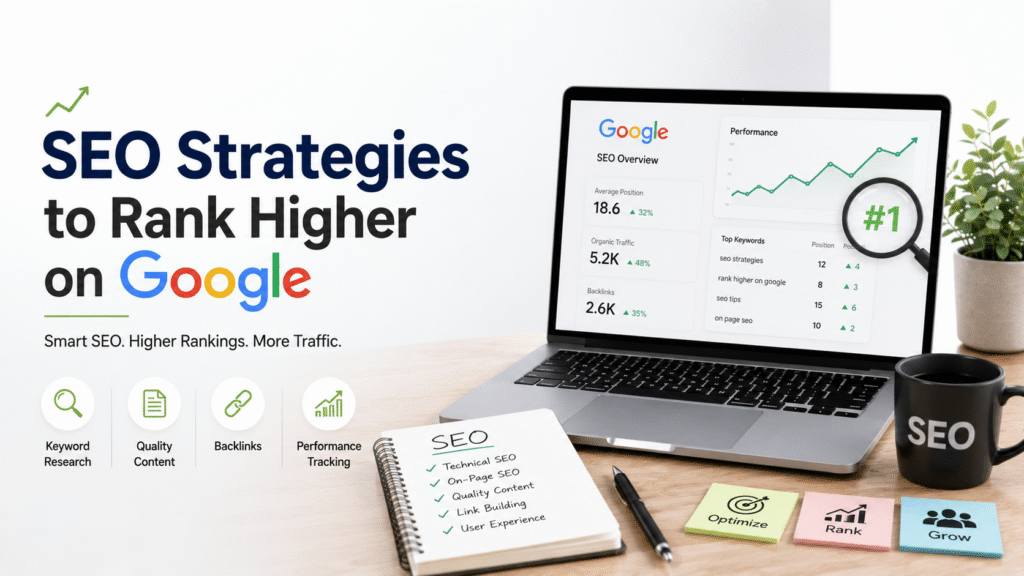 Laptop displaying an SEO performance dashboard with keyword rankings, traffic growth, and optimization metrics for improving Google search rankings.