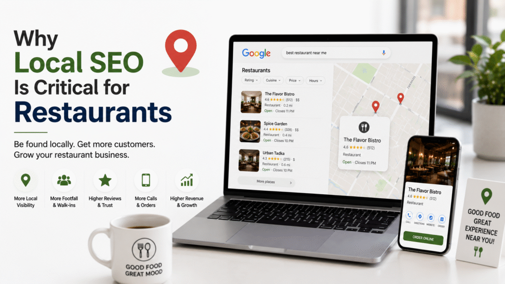 Laptop displaying a Google Business Profile and local search results with a smartphone showing online ordering for a restaurant.