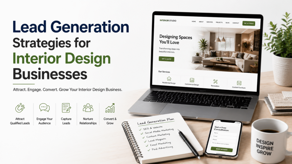 Laptop displaying an interior design website with lead generation tools, consultation form, and digital marketing elements for attracting new clients