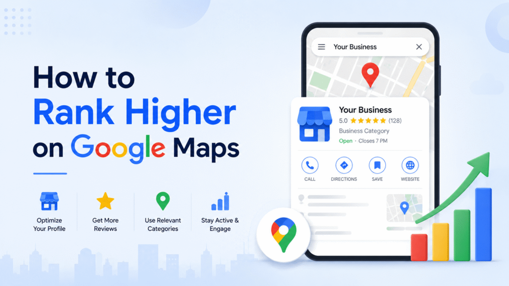 How to rank higher on Google Maps using Google Business Profile optimization, local SEO, customer reviews, and business listing improvements.